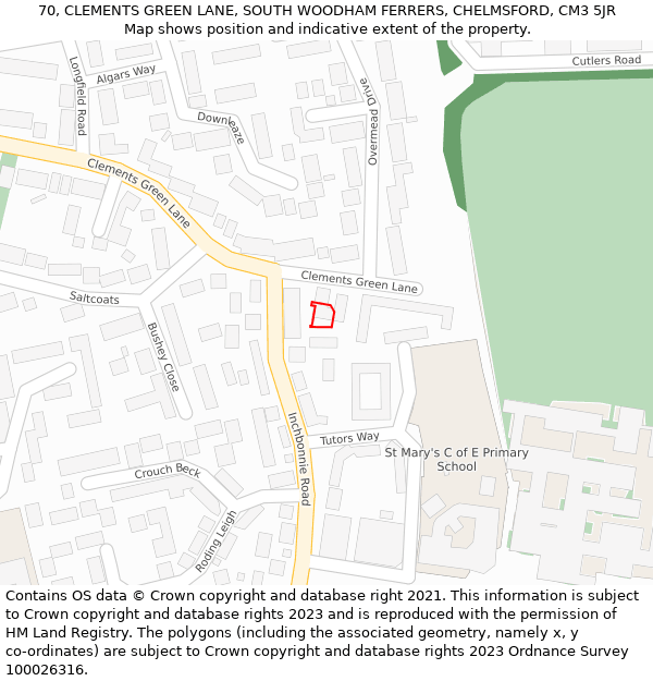 70, CLEMENTS GREEN LANE, SOUTH WOODHAM FERRERS, CHELMSFORD, CM3 5JR: Location map and indicative extent of plot