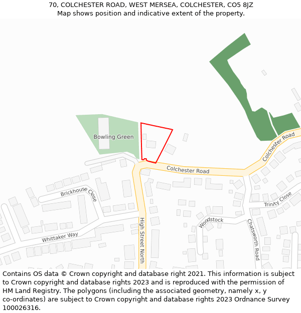 70, COLCHESTER ROAD, WEST MERSEA, COLCHESTER, CO5 8JZ: Location map and indicative extent of plot