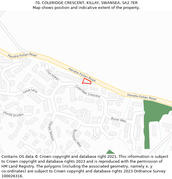 70, COLERIDGE CRESCENT, KILLAY, SWANSEA, SA2 7ER: Location map and indicative extent of plot