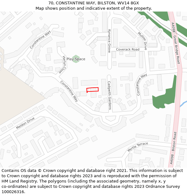 70, CONSTANTINE WAY, BILSTON, WV14 8GX: Location map and indicative extent of plot
