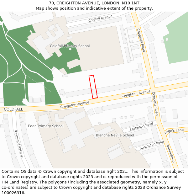 70, CREIGHTON AVENUE, LONDON, N10 1NT: Location map and indicative extent of plot