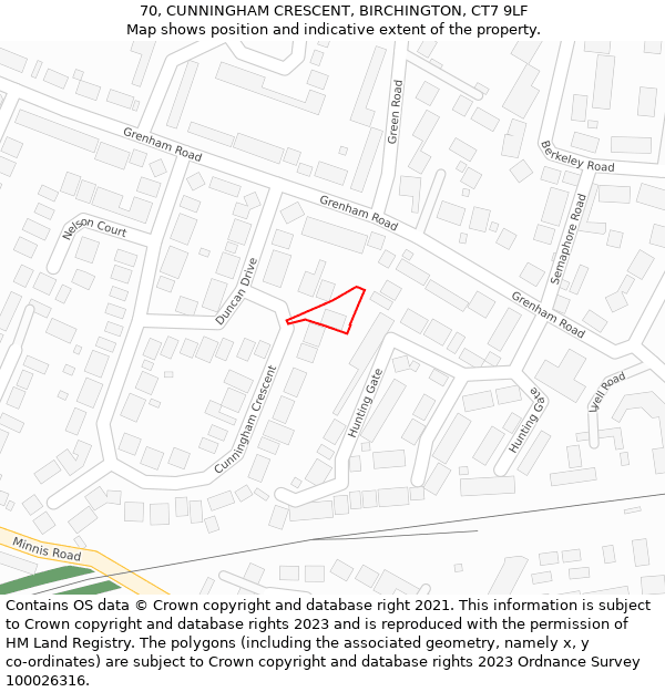 70, CUNNINGHAM CRESCENT, BIRCHINGTON, CT7 9LF: Location map and indicative extent of plot