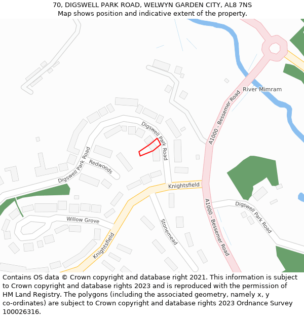 70, DIGSWELL PARK ROAD, WELWYN GARDEN CITY, AL8 7NS: Location map and indicative extent of plot