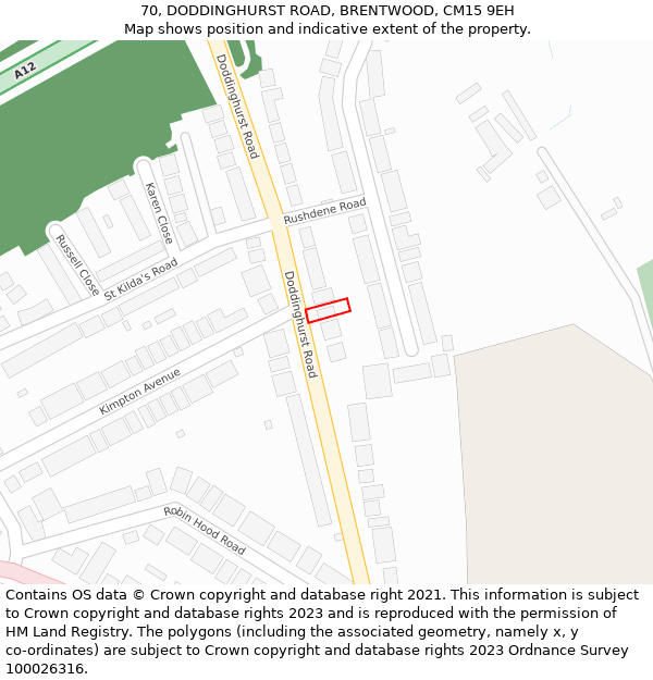 70, DODDINGHURST ROAD, BRENTWOOD, CM15 9EH: Location map and indicative extent of plot