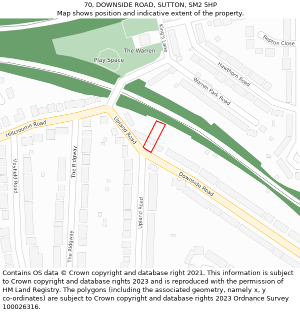 70, DOWNSIDE ROAD, SUTTON, SM2 5HP: Location map and indicative extent of plot