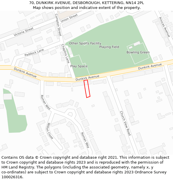 70, DUNKIRK AVENUE, DESBOROUGH, KETTERING, NN14 2PL: Location map and indicative extent of plot