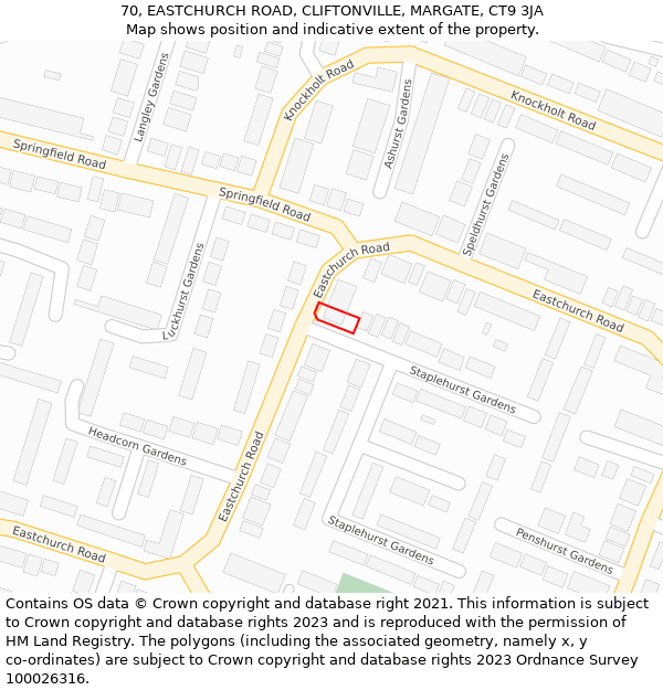 70, EASTCHURCH ROAD, CLIFTONVILLE, MARGATE, CT9 3JA: Location map and indicative extent of plot