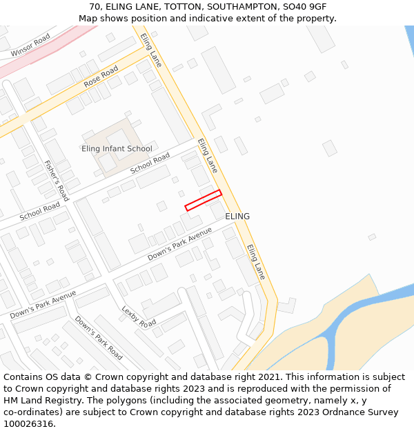 70, ELING LANE, TOTTON, SOUTHAMPTON, SO40 9GF: Location map and indicative extent of plot