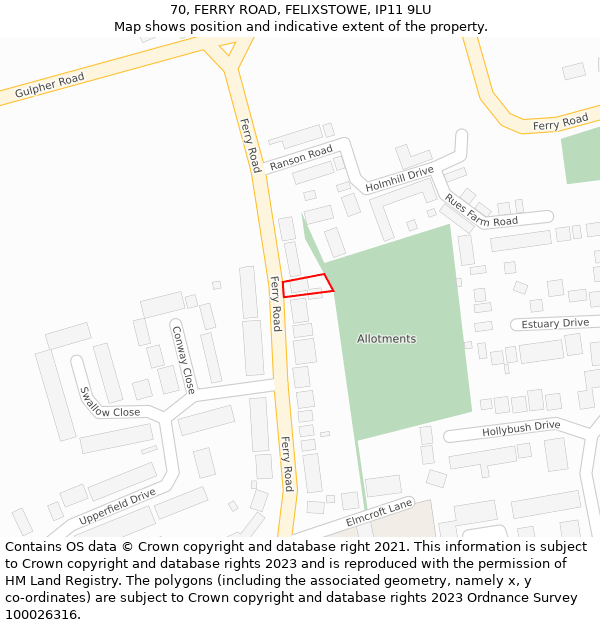 70, FERRY ROAD, FELIXSTOWE, IP11 9LU: Location map and indicative extent of plot