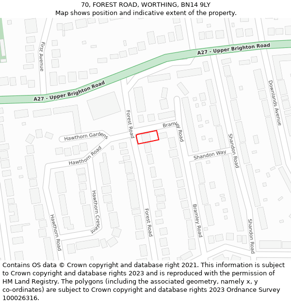 70, FOREST ROAD, WORTHING, BN14 9LY: Location map and indicative extent of plot