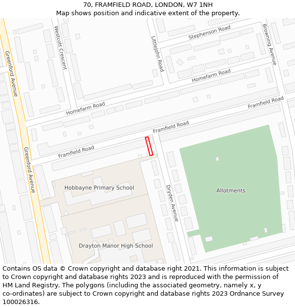 70, FRAMFIELD ROAD, LONDON, W7 1NH: Location map and indicative extent of plot