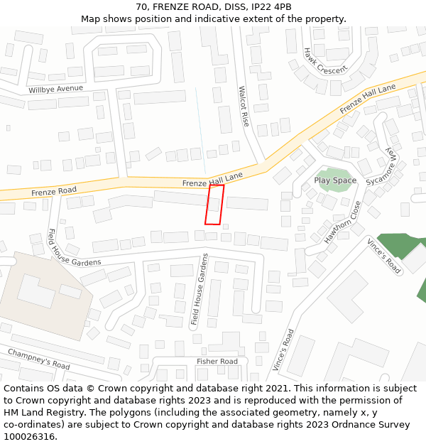 70, FRENZE ROAD, DISS, IP22 4PB: Location map and indicative extent of plot