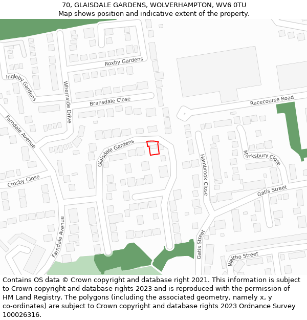 70, GLAISDALE GARDENS, WOLVERHAMPTON, WV6 0TU: Location map and indicative extent of plot