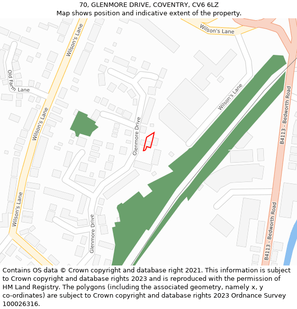 70, GLENMORE DRIVE, COVENTRY, CV6 6LZ: Location map and indicative extent of plot