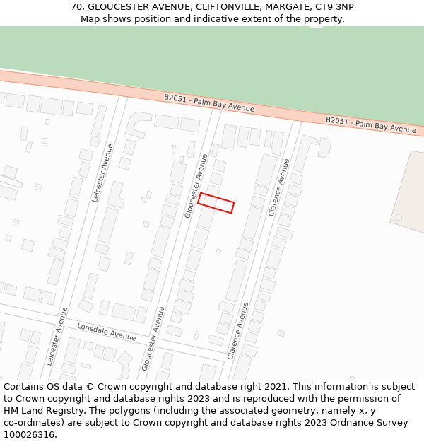 70, GLOUCESTER AVENUE, CLIFTONVILLE, MARGATE, CT9 3NP: Location map and indicative extent of plot