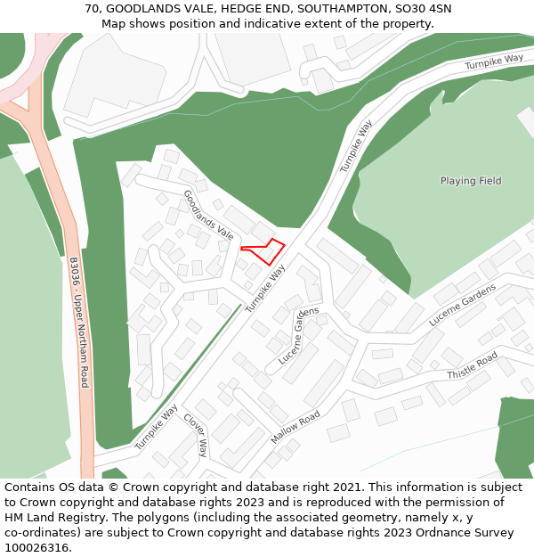 70, GOODLANDS VALE, HEDGE END, SOUTHAMPTON, SO30 4SN: Location map and indicative extent of plot