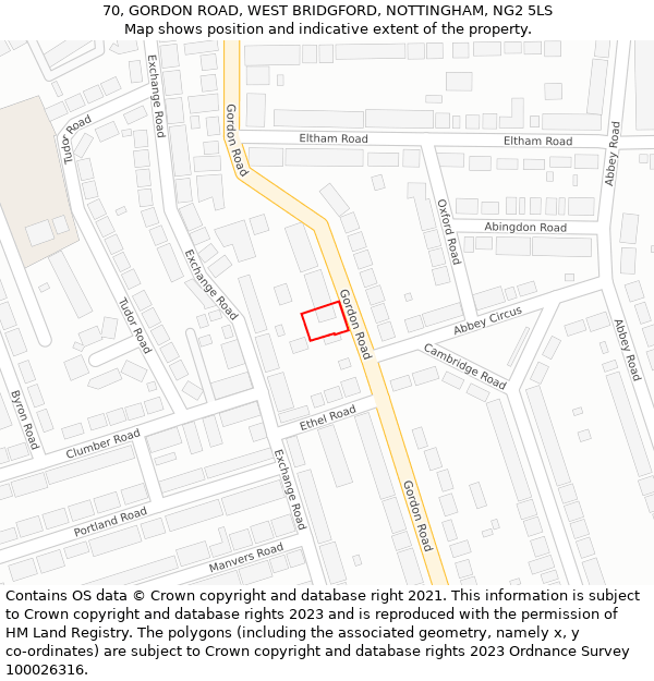 70, GORDON ROAD, WEST BRIDGFORD, NOTTINGHAM, NG2 5LS: Location map and indicative extent of plot