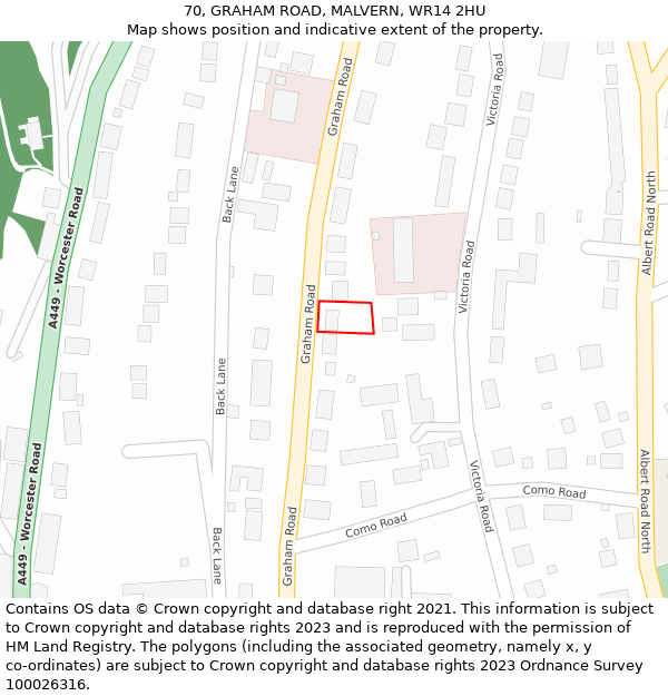 70, GRAHAM ROAD, MALVERN, WR14 2HU: Location map and indicative extent of plot