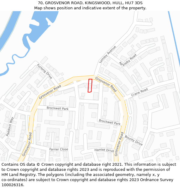 70, GROSVENOR ROAD, KINGSWOOD, HULL, HU7 3DS: Location map and indicative extent of plot