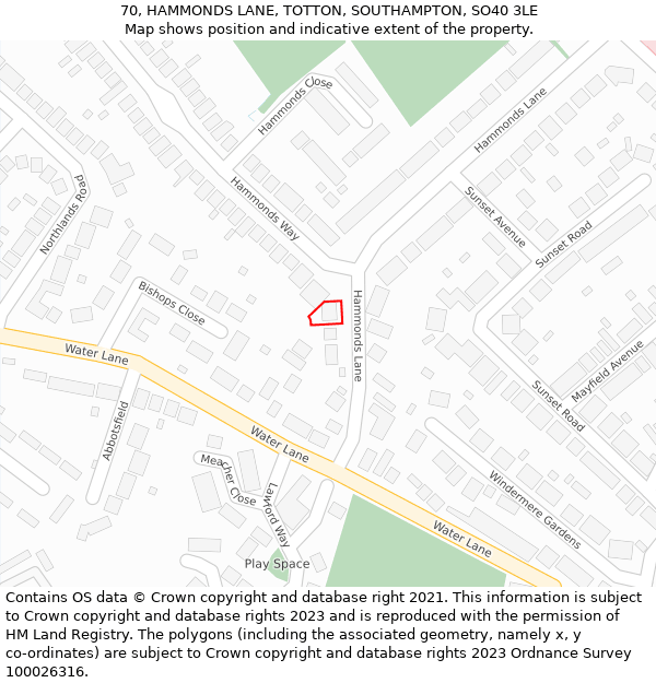 70, HAMMONDS LANE, TOTTON, SOUTHAMPTON, SO40 3LE: Location map and indicative extent of plot