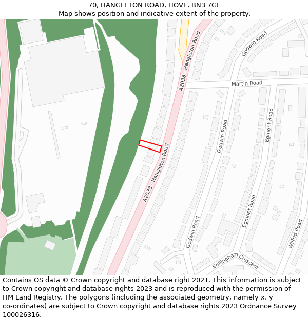 70, HANGLETON ROAD, HOVE, BN3 7GF: Location map and indicative extent of plot