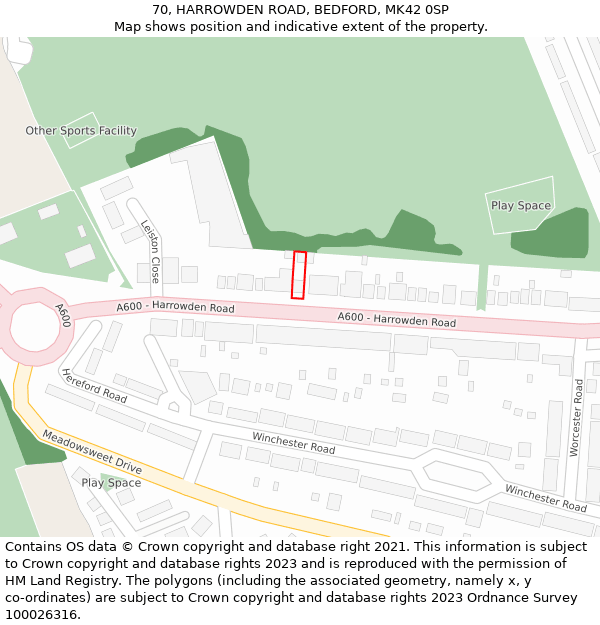 70, HARROWDEN ROAD, BEDFORD, MK42 0SP: Location map and indicative extent of plot