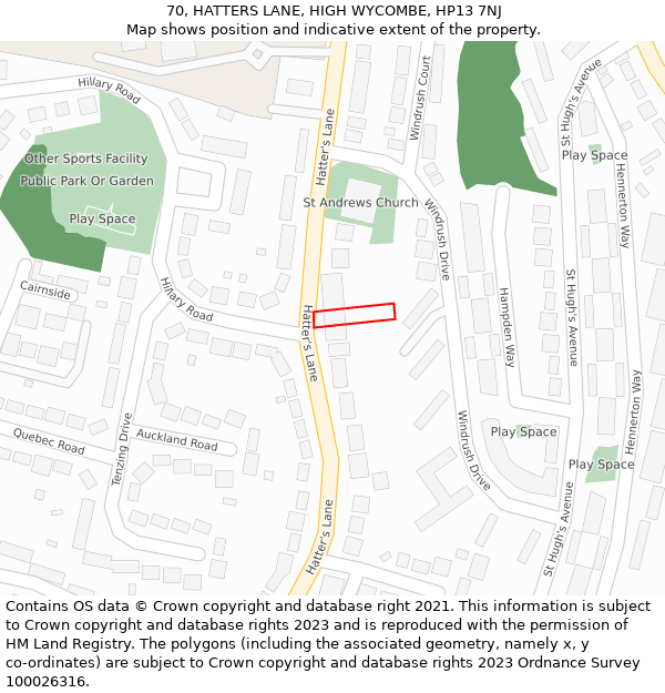 70, HATTERS LANE, HIGH WYCOMBE, HP13 7NJ: Location map and indicative extent of plot