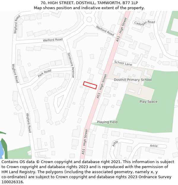 70, HIGH STREET, DOSTHILL, TAMWORTH, B77 1LP: Location map and indicative extent of plot