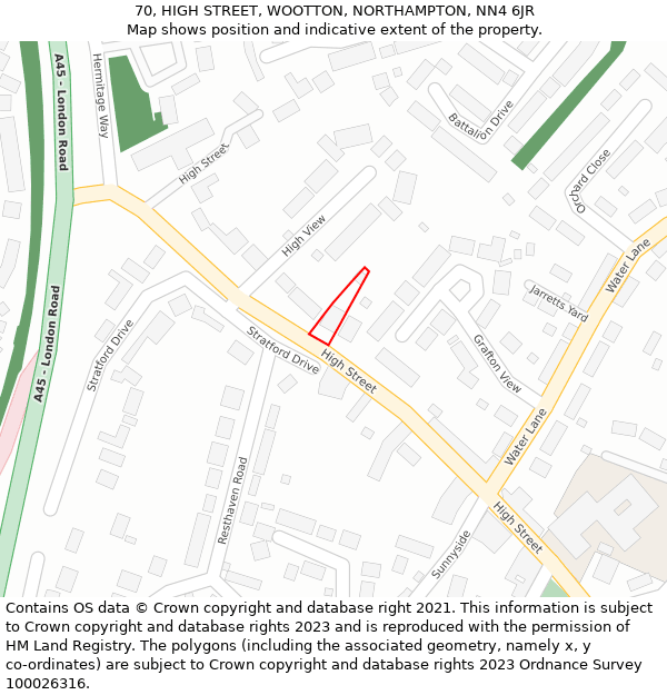70, HIGH STREET, WOOTTON, NORTHAMPTON, NN4 6JR: Location map and indicative extent of plot