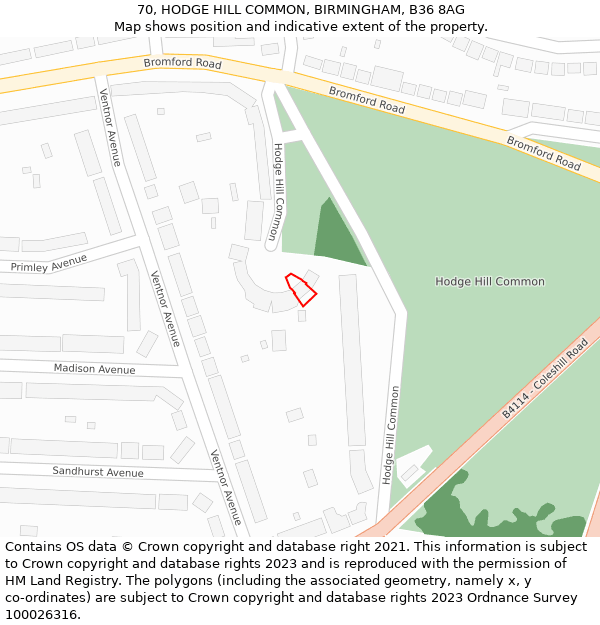 70, HODGE HILL COMMON, BIRMINGHAM, B36 8AG: Location map and indicative extent of plot