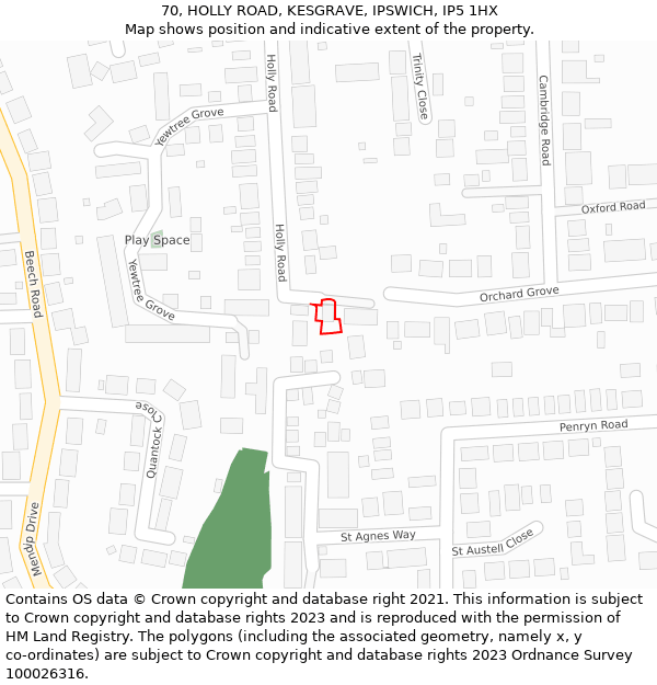 70, HOLLY ROAD, KESGRAVE, IPSWICH, IP5 1HX: Location map and indicative extent of plot
