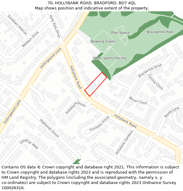 70, HOLLYBANK ROAD, BRADFORD, BD7 4QL: Location map and indicative extent of plot