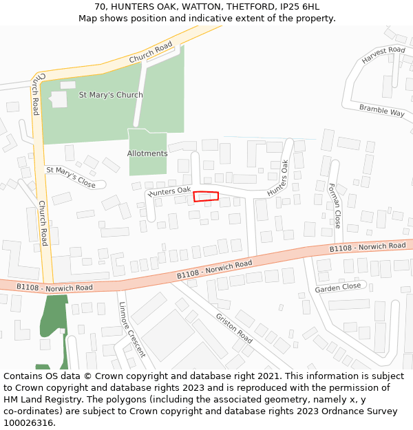 70, HUNTERS OAK, WATTON, THETFORD, IP25 6HL: Location map and indicative extent of plot