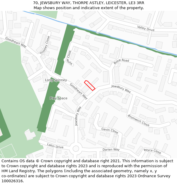 70, JEWSBURY WAY, THORPE ASTLEY, LEICESTER, LE3 3RR: Location map and indicative extent of plot