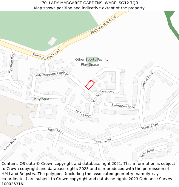 70, LADY MARGARET GARDENS, WARE, SG12 7QB: Location map and indicative extent of plot