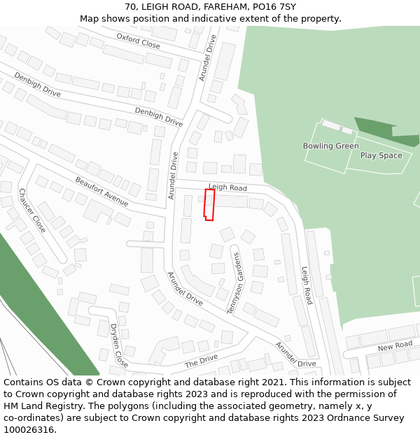 70, LEIGH ROAD, FAREHAM, PO16 7SY: Location map and indicative extent of plot