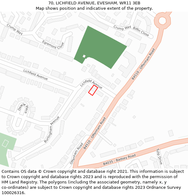 70, LICHFIELD AVENUE, EVESHAM, WR11 3EB: Location map and indicative extent of plot