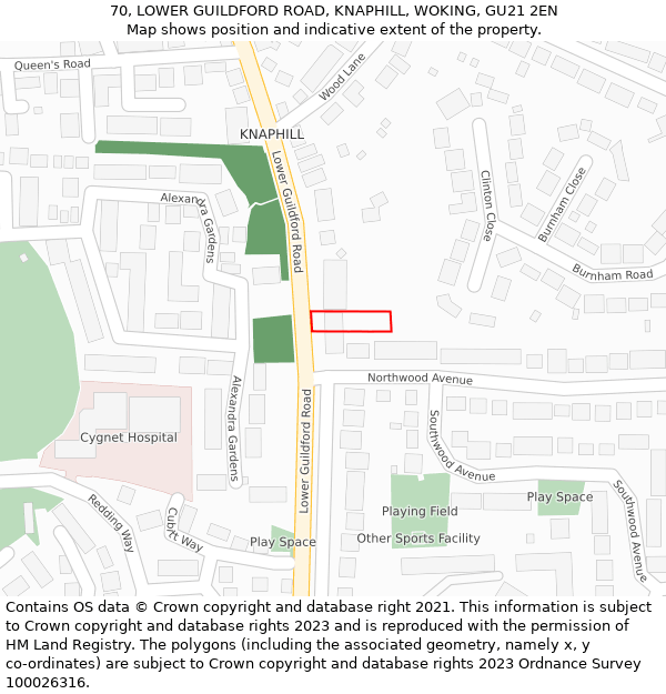 70, LOWER GUILDFORD ROAD, KNAPHILL, WOKING, GU21 2EN: Location map and indicative extent of plot