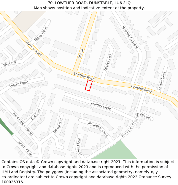 70, LOWTHER ROAD, DUNSTABLE, LU6 3LQ: Location map and indicative extent of plot