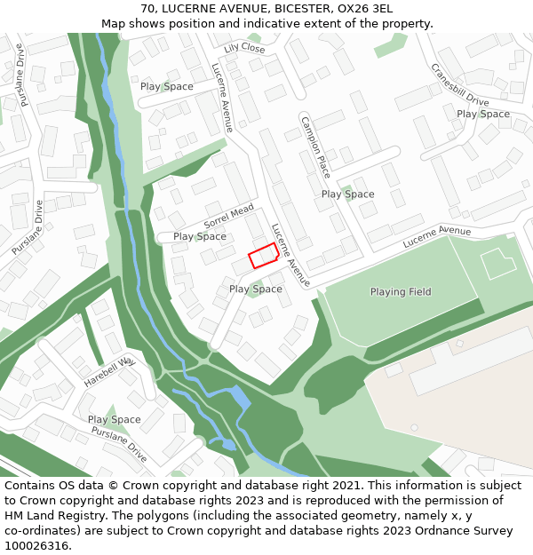 70, LUCERNE AVENUE, BICESTER, OX26 3EL: Location map and indicative extent of plot