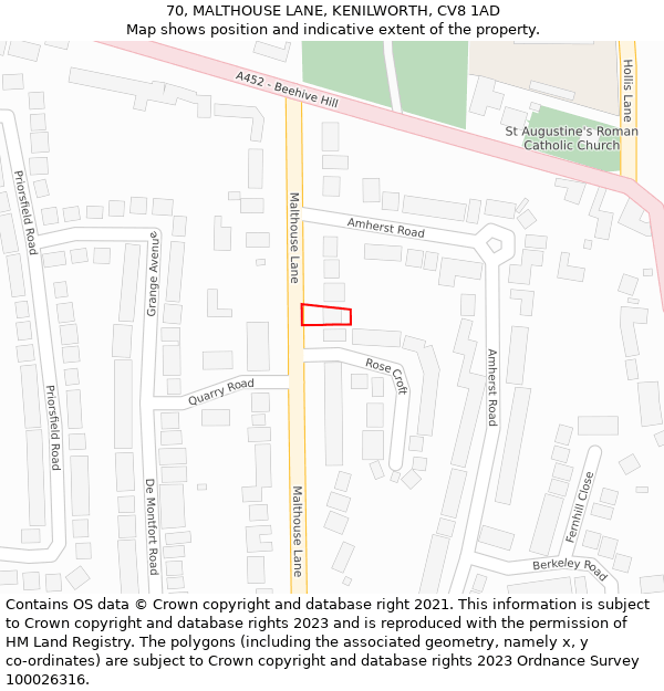 70, MALTHOUSE LANE, KENILWORTH, CV8 1AD: Location map and indicative extent of plot