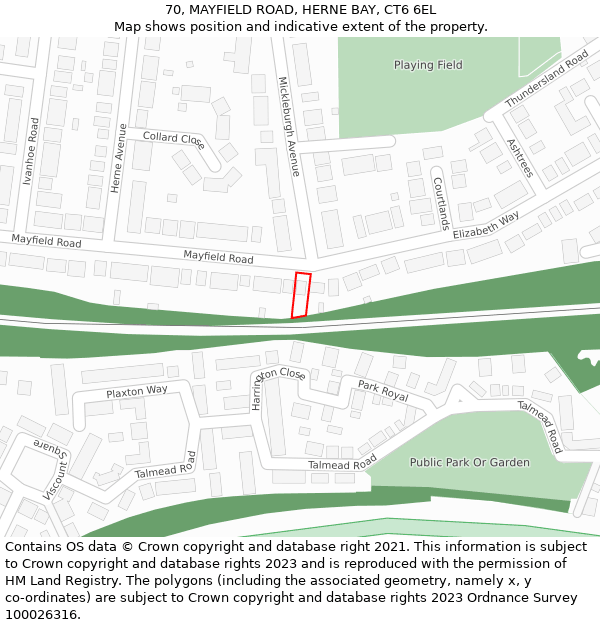 70, MAYFIELD ROAD, HERNE BAY, CT6 6EL: Location map and indicative extent of plot