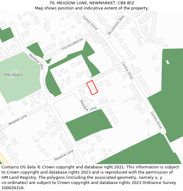 70, MEADOW LANE, NEWMARKET, CB8 8FZ: Location map and indicative extent of plot