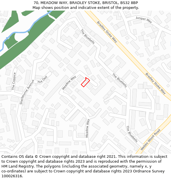 70, MEADOW WAY, BRADLEY STOKE, BRISTOL, BS32 8BP: Location map and indicative extent of plot