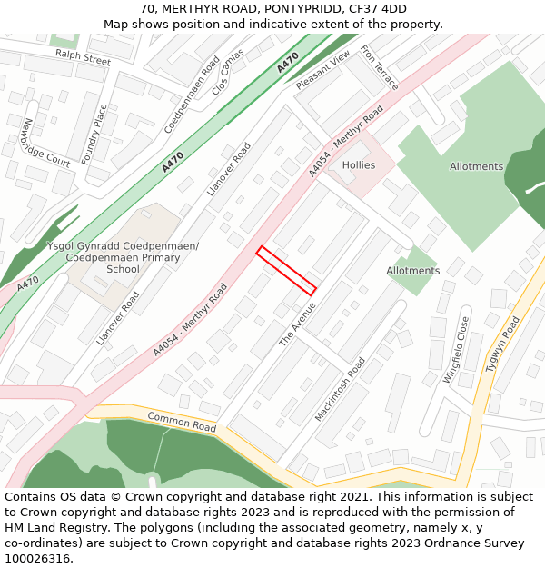 70, MERTHYR ROAD, PONTYPRIDD, CF37 4DD: Location map and indicative extent of plot