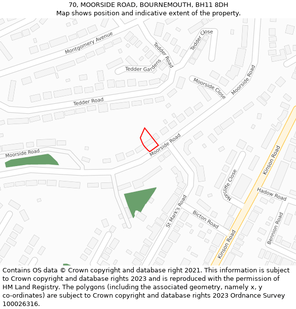 70, MOORSIDE ROAD, BOURNEMOUTH, BH11 8DH: Location map and indicative extent of plot