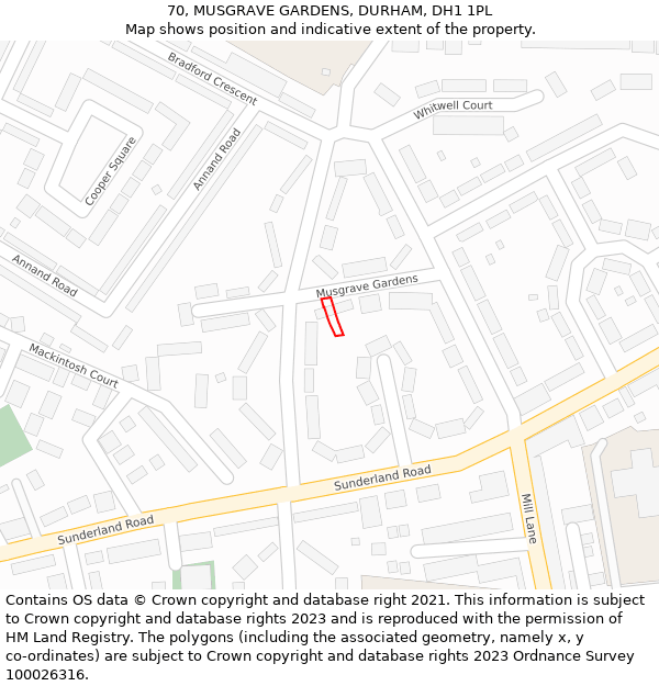 70, MUSGRAVE GARDENS, DURHAM, DH1 1PL: Location map and indicative extent of plot