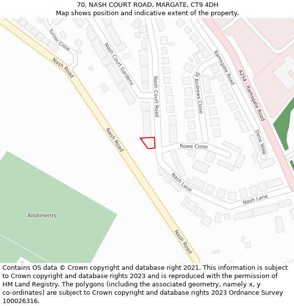 70, NASH COURT ROAD, MARGATE, CT9 4DH: Location map and indicative extent of plot