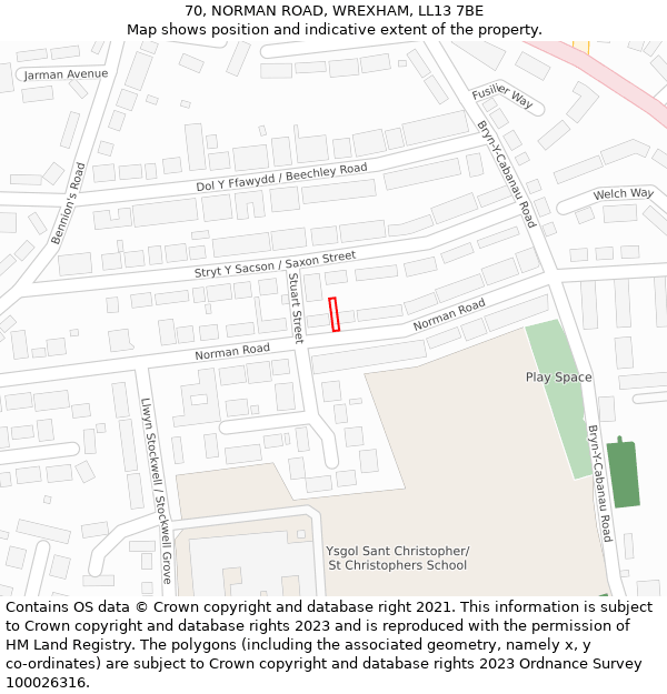 70, NORMAN ROAD, WREXHAM, LL13 7BE: Location map and indicative extent of plot