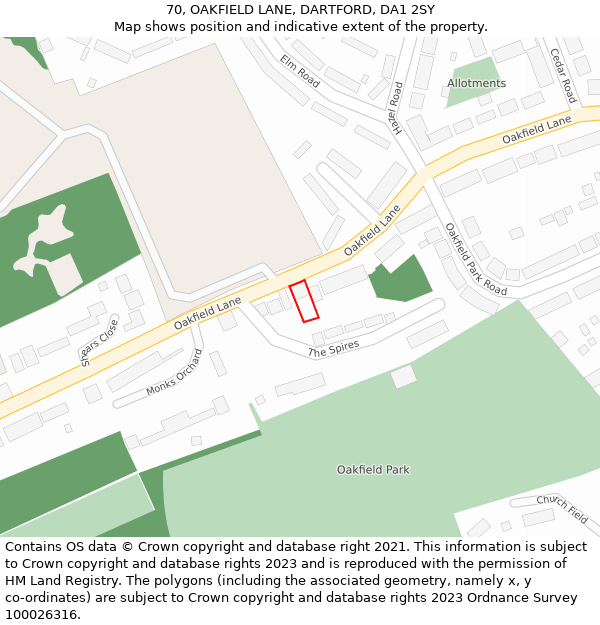 70, OAKFIELD LANE, DARTFORD, DA1 2SY: Location map and indicative extent of plot